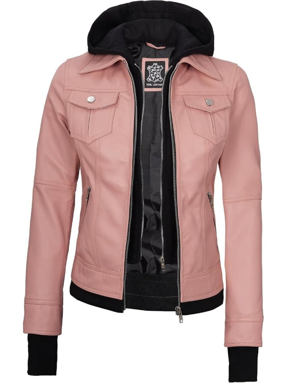 Women’s Pink Real Leather Bomber Jacket Detachable Hood